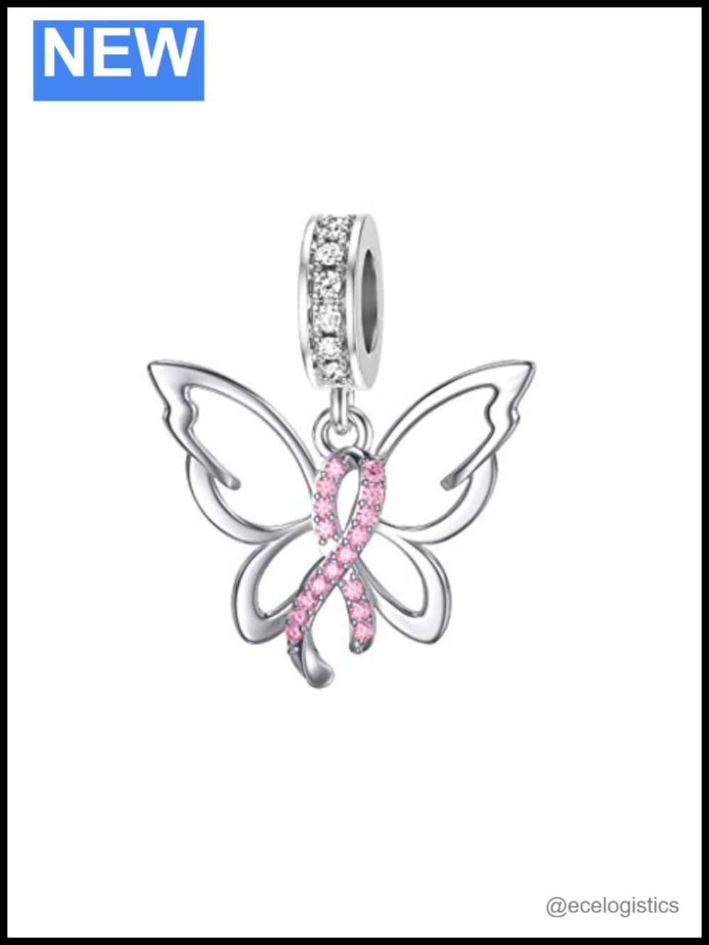 Sterling Silver Butterfly Pink Ribbon Charm for Bracelet Cubic Zirconia